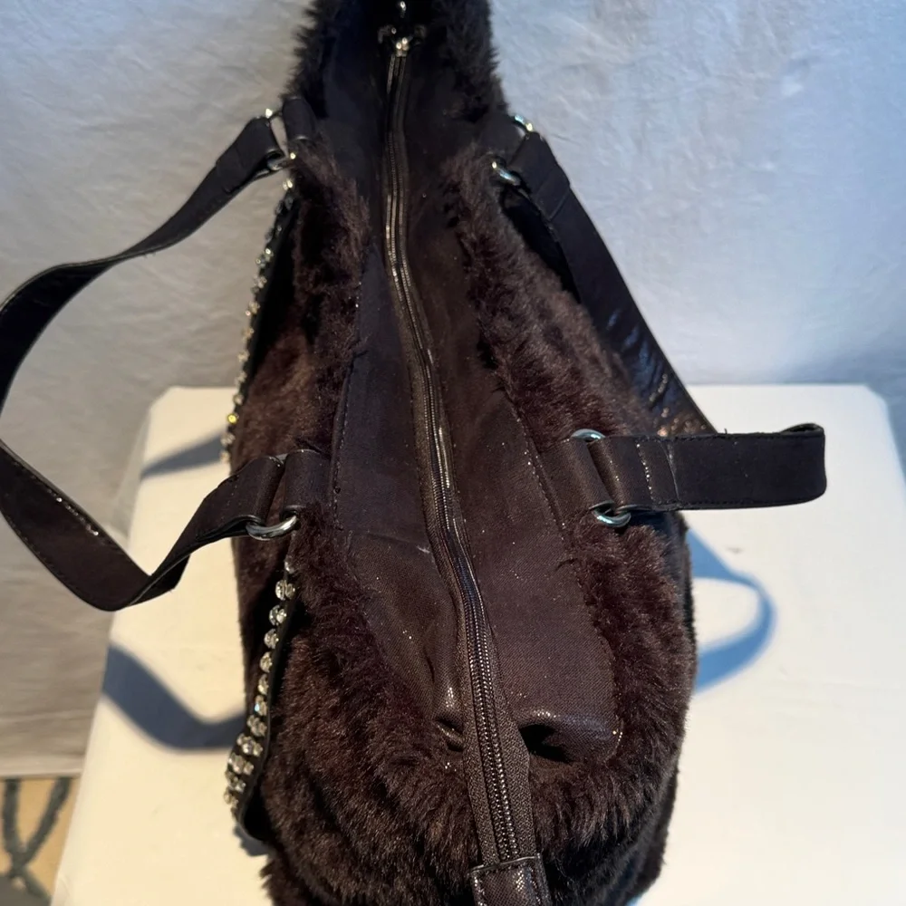 Black Faux Fur Tote Bag with Studded Straps